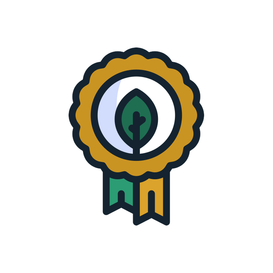 A rosette medal with a green leaf at its centre